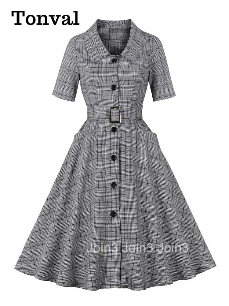 Tonval Turn Down Collar Button Up Half Sleeve Pocket Swing Dress Vintage Clothes for Women Spring Summer Plaid Dresses Elegant