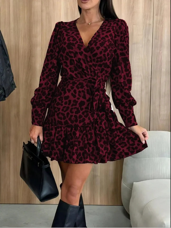Womens Leopard Printed Dresses V-Neck Lace Up Bubble Long Sleeved Sexy Dress Elegant Dating Autumn Mini Dress 250806