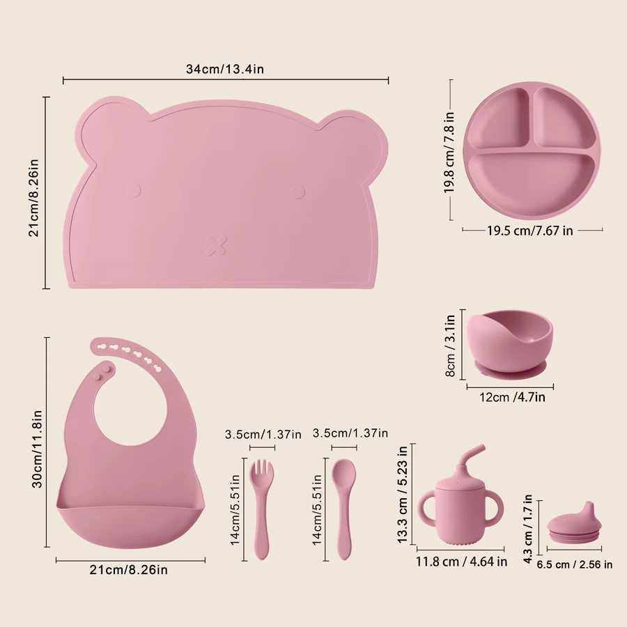 7Pcs Silicone Feeding Set for Kids Color Baby Sucker Bowl Dining Plate Spoon Waterproof Bib Sippy Cup Training Weaning Tableware X250806