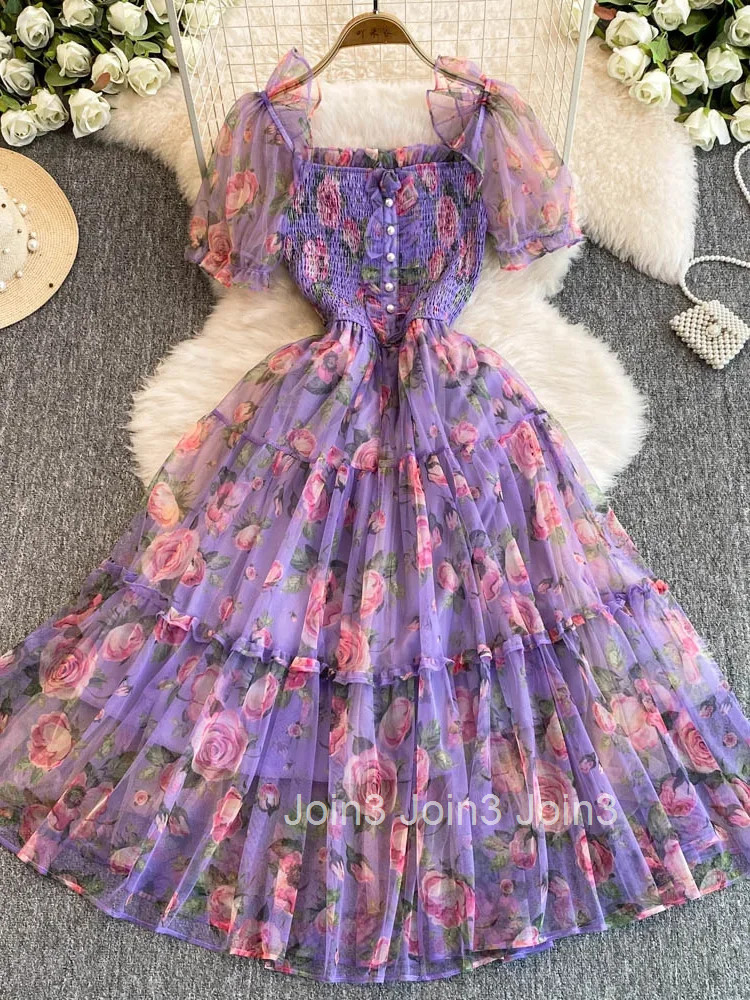 Summer Women Floral Mesh Midi Dress Sweet Square Collar Short Puff Sleeve Ruffle Vestidos Female Elegant Purple/Green/Red Robe