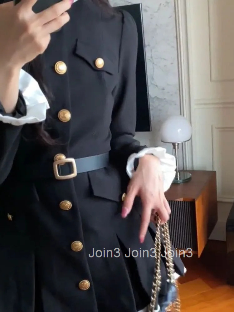 Elegant Woman Party Dress Slim Waist Single Breasted Robe Femme Vestidos De Mujer Vintage Y2k Contrast Color A-line Dresses