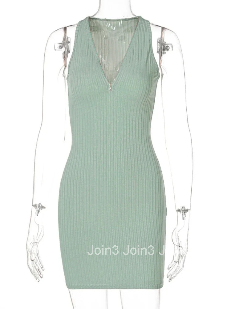 Sexy Zipper Deep V Neck Rib Knitting Bodycon Dress Women Sleeveless Solid Color Skinny Mini Dress Elegant Club Party Vestidos
