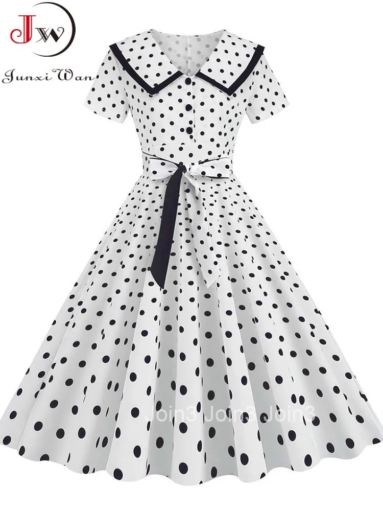 Womens Vintage Polka Dot Turn-Down Collar Midi Dress Summer 50s Style Elegant Button Detail Short Sleeve Party Gown