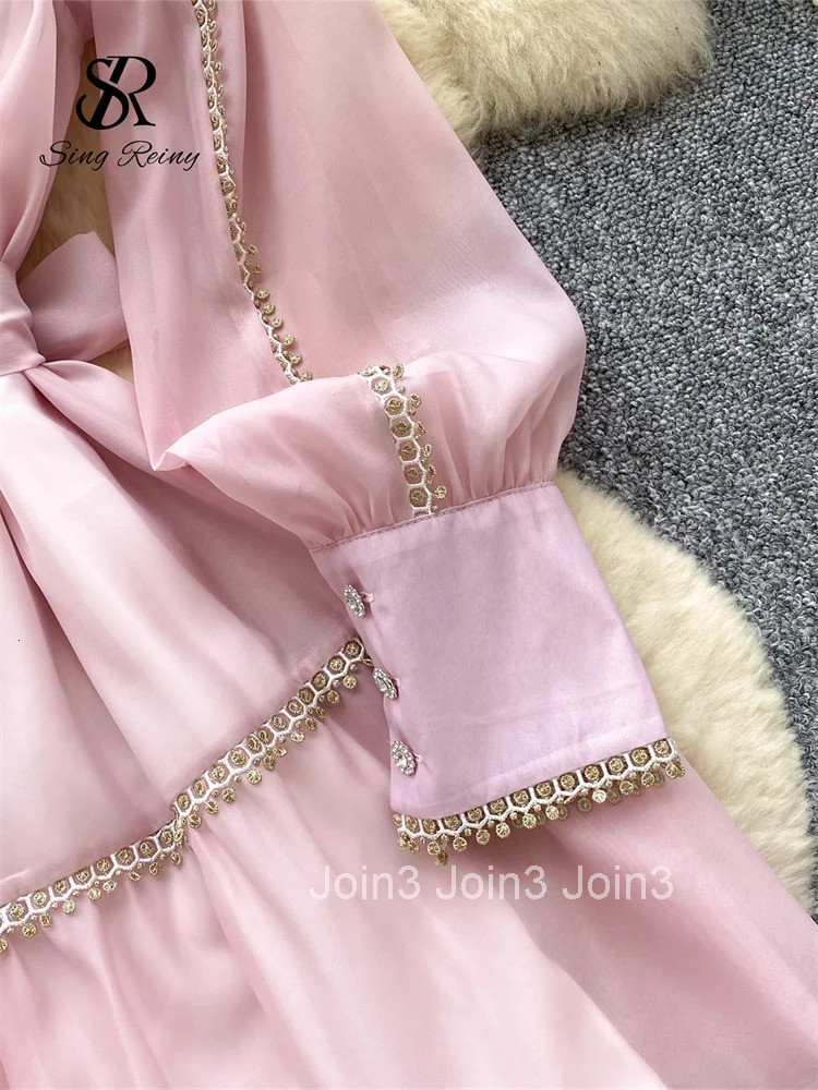 HIgh Quality Luxury Vintage Long Dress Female Lapel Long Sleeves Court Design French Retro Sheer Lace Chiffon Dress