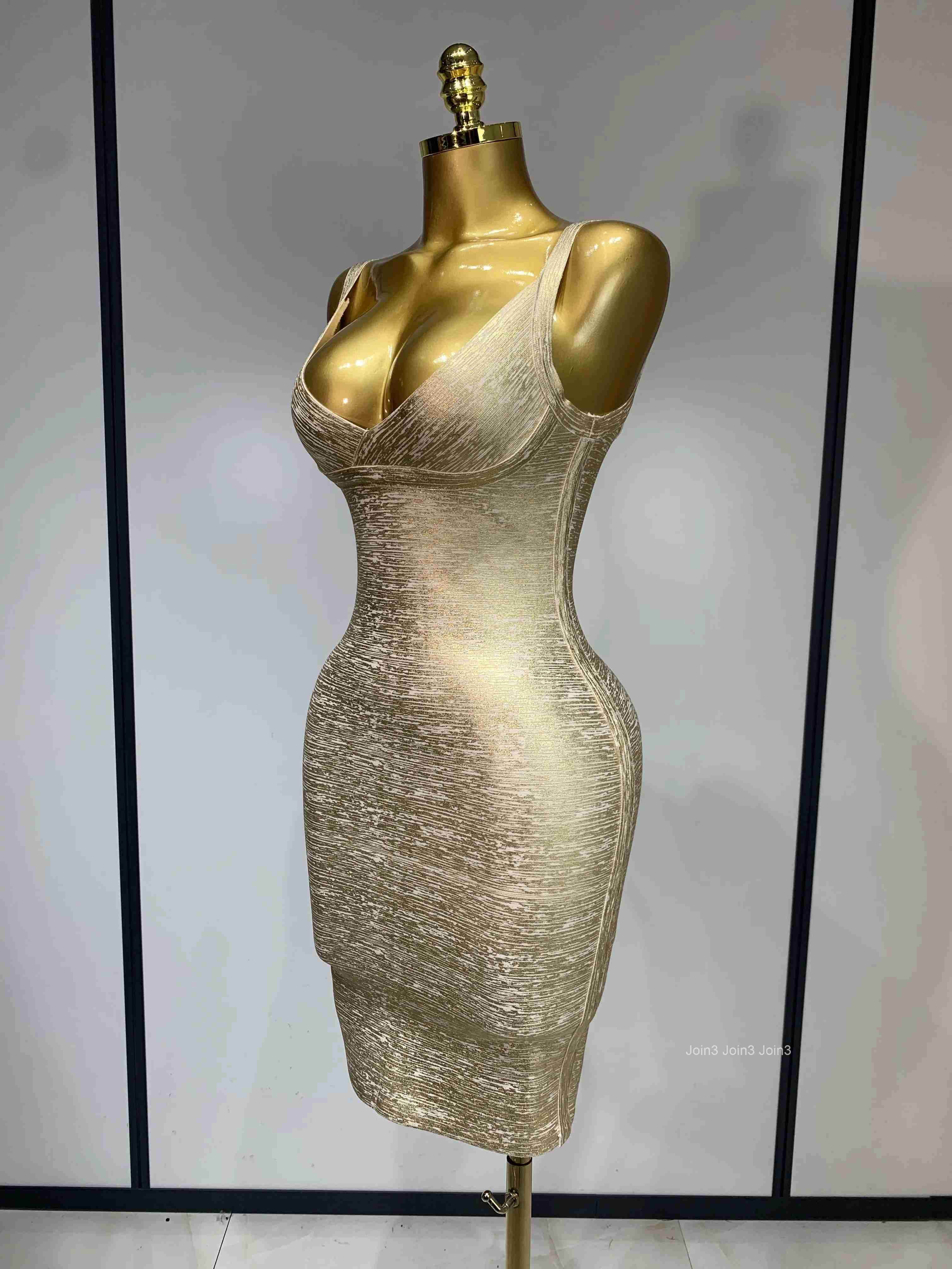 High Quality Celebrity Elegant Gold Bodycon Bandage Dress Women Sexy Nightclub Evening Party Luxury Birthday Dress Vestidos