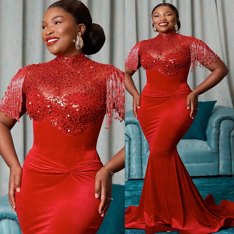 2025 Plus Size Red Velvet Prom Dress Evening Dresses Formal Gowns High Neck Gorgeous Beaded Sequined Lace Tassel Birthday Dress Second Reception Gowns