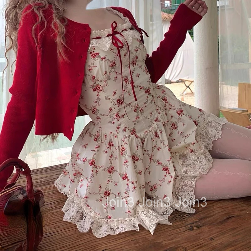 Y2K Sweet Floral Dress Set Woman Casual Red Short Cardigan Elegant Lace Mini Dress Female Korean Prairie Chic Clothing Suit