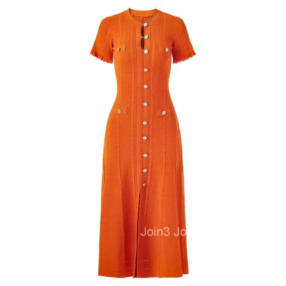 French Womens Round Neck Short Sleeved Knitting Dress Summer Elegant Single Breasted Office Lady Festival Long Dress Simplicity