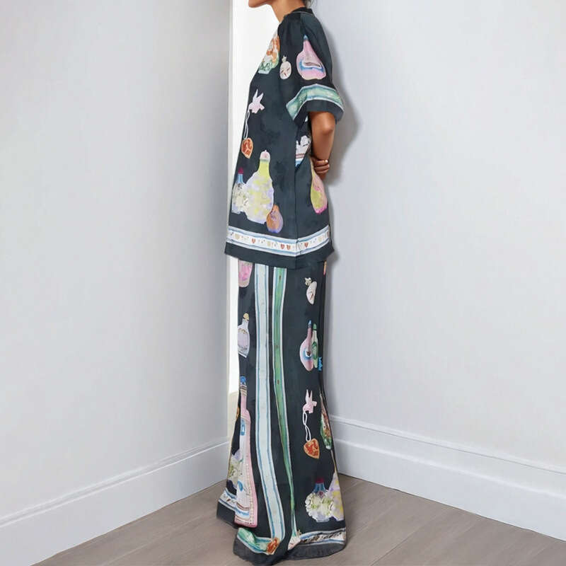 Personality Printed Short Sleeve Color Block Vacation Women's Fashion Set B5