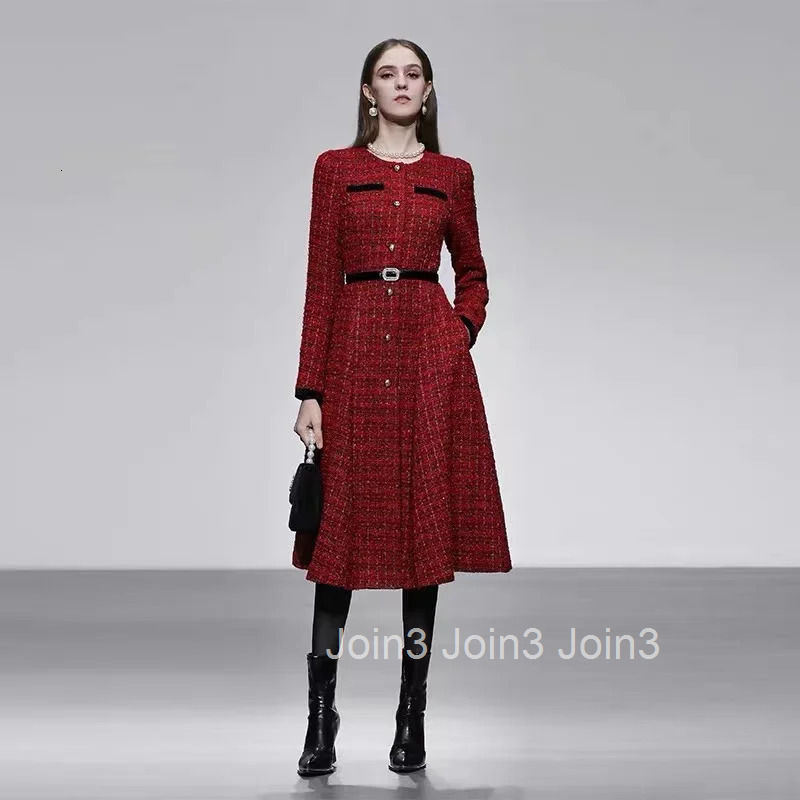 Fall Winter French Vintage High Quality Wine Red Thick Tweed A Line Dress Lady Elegant O Neck Long Sleeve Slim Party Dress