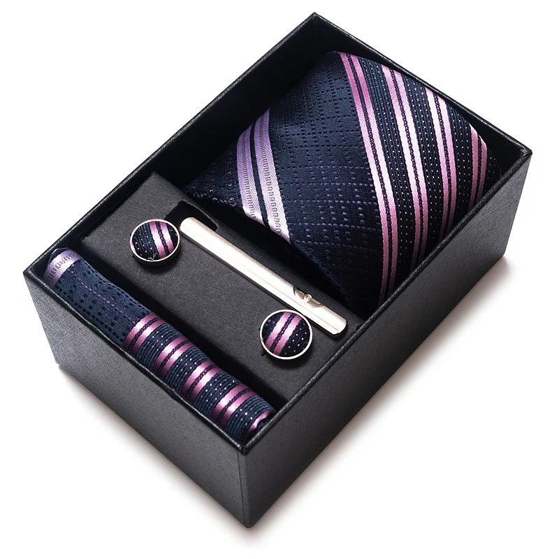 Tie Handkerchief Cufflink Set For Men Necktie Holiday Gift Box Blue Gold Suit Accessories Slim Wedding Gravatas 250806