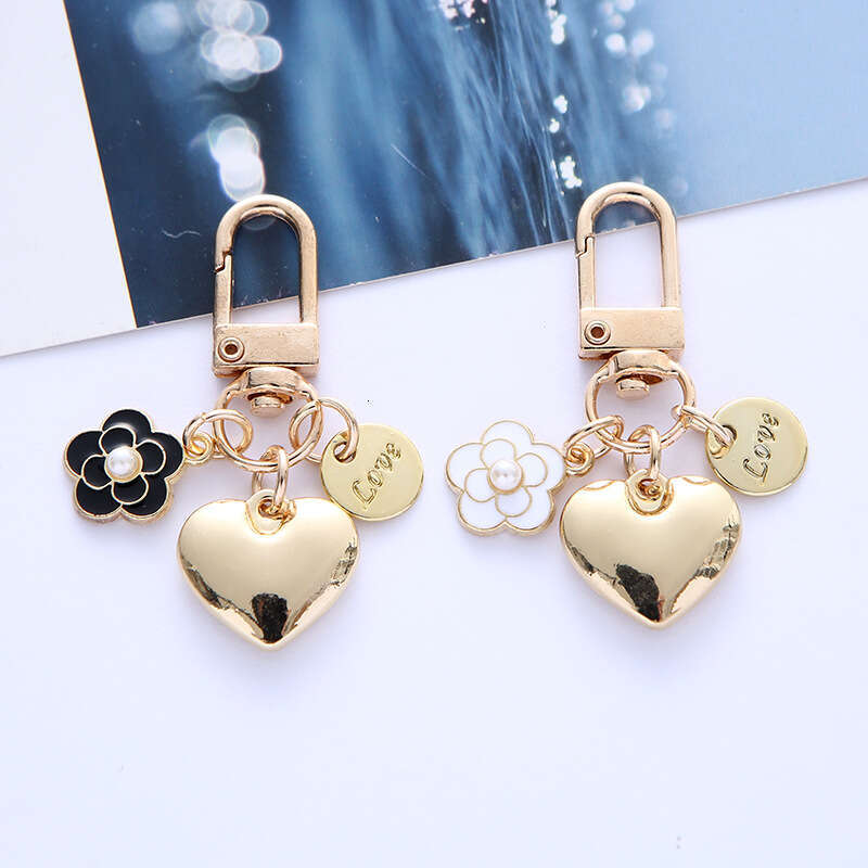 DHpet_wholesale Adorable Alloy Heart Keychain - Pearl & Camellia Flower Charm with Letter Pendant, Cute Bag Accessory for Women (8cm, 12g)