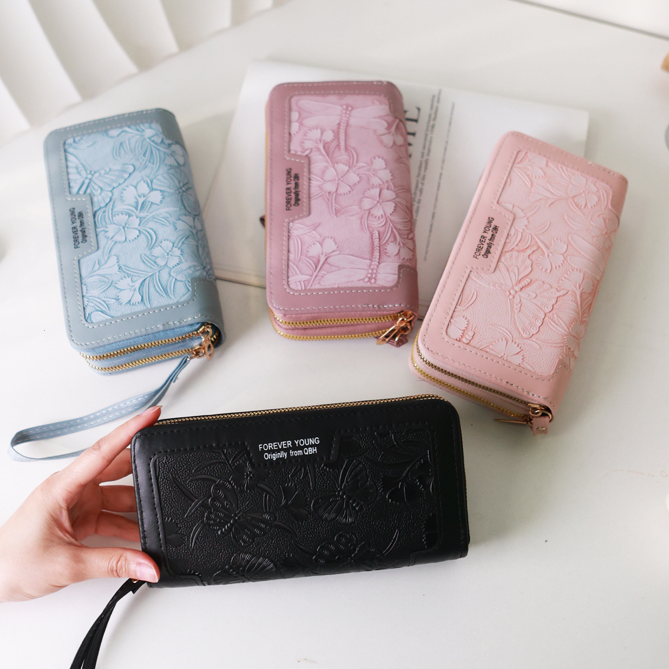 New Long Korean Fashion Embossed Double Zipper Clutch Large Capacity Wallet Women's Phone Bag