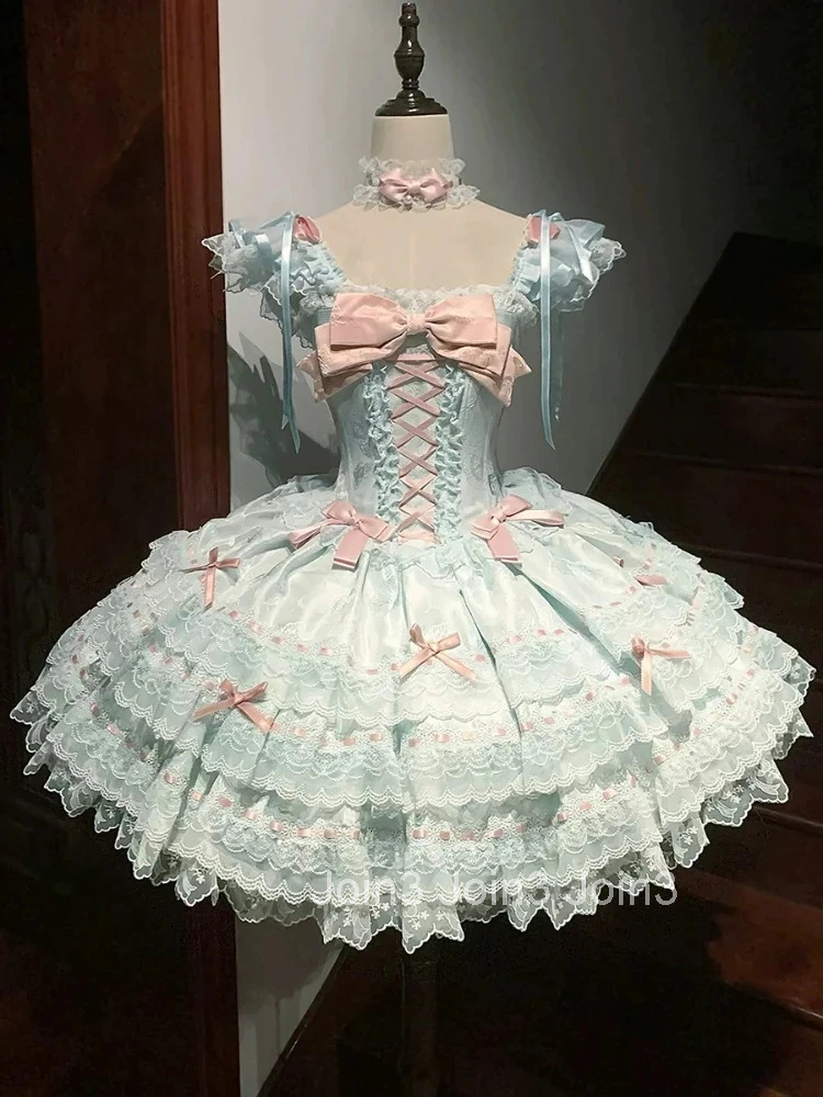 Summer Sweet Lolita Y2k Mini Dresses Women Lace Patchwork Short Sleeve Elegant Bandage French Vintage Short Party Dress Female