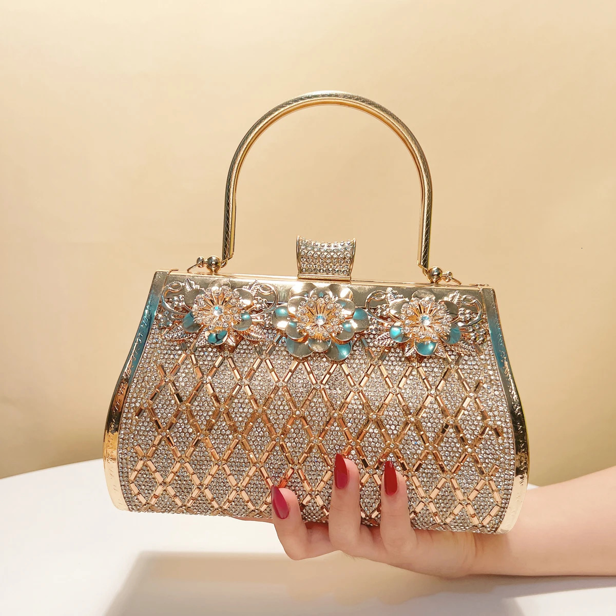 Bucket Women Clutch Bags Golden Metal Acrylic Evening Bags Box Holder Rhinestones Glitter Handbags Purse 250730