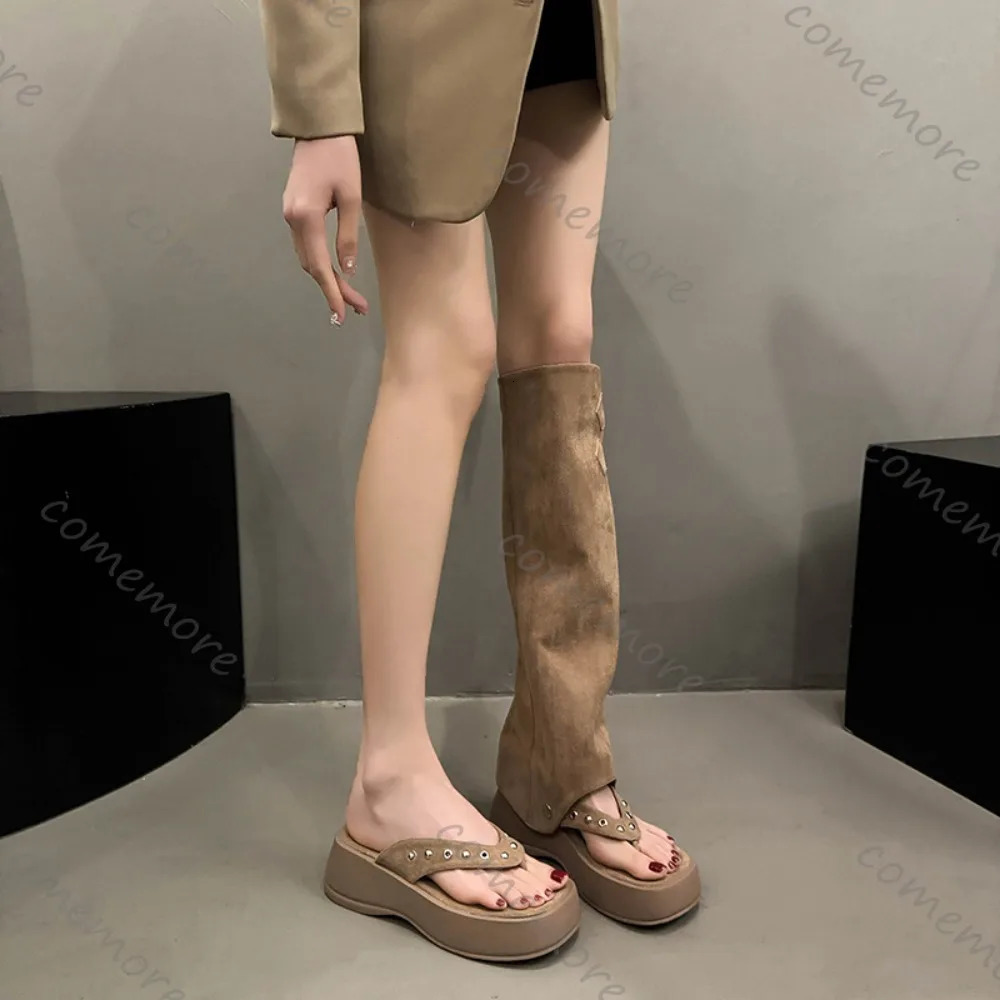 Comemore Womens Sandal Boots Summer Fashion Two Wear Clip Toes Boots Female Thick Bottom Flip-flops Hollow Sandals Botas 250805