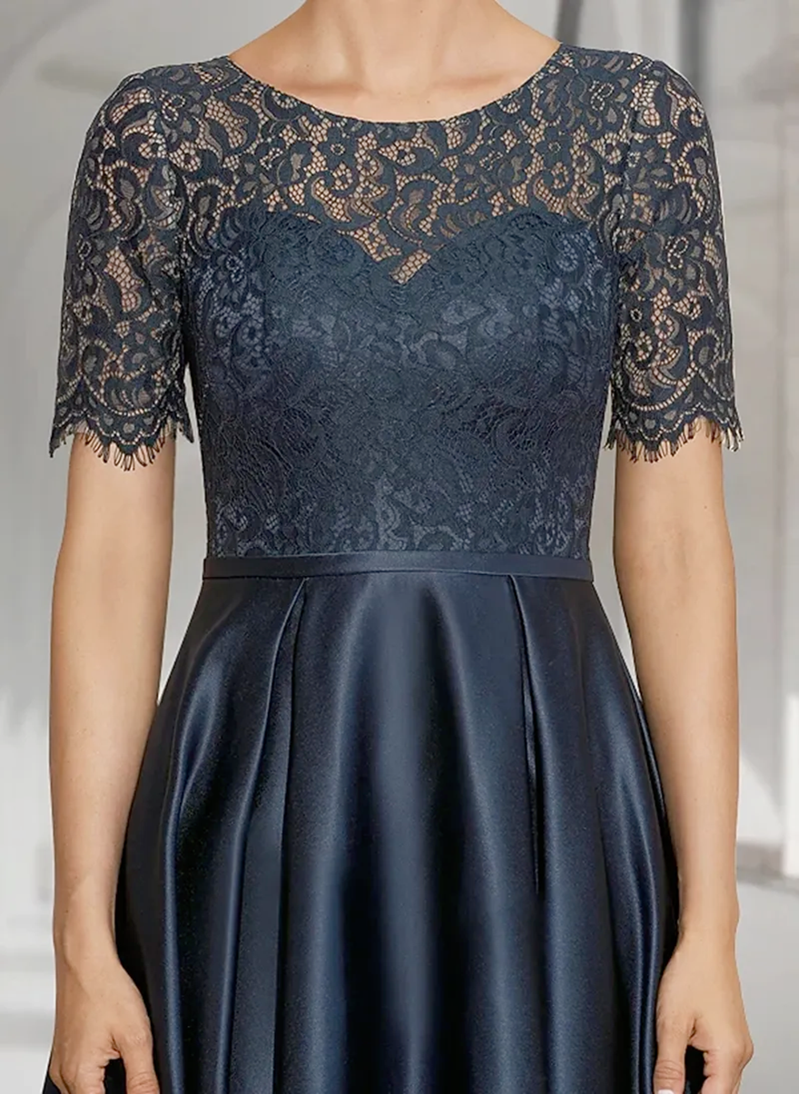 Elegant High Low Mother of the Bride Dresses Dark Navy A-Line Wedding Guest Dress Vintage Jewel Lace Satin Short Sleeve Groom Mom Prom Evening Gowns