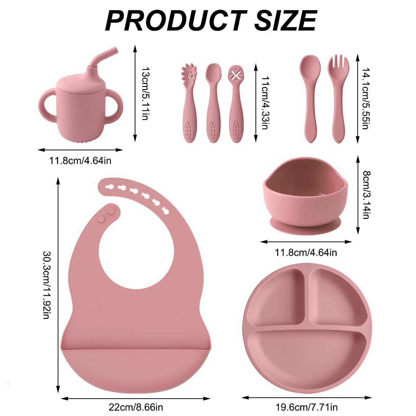 9PCS Baby Feeding Set Silicone Bowl Dishes Plate Waterproof Bib Suction Utensils Sippy Cup BPA Free Toddler Tableware X250806