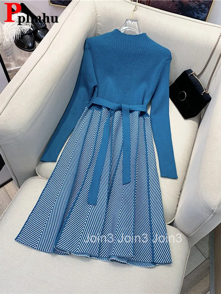 Women Elegant Knitwear Knee Length Vestidos Korean Stripe Knitted Midi Dresses With Belt Spring Fall Slim Long Sleeve Elbise New