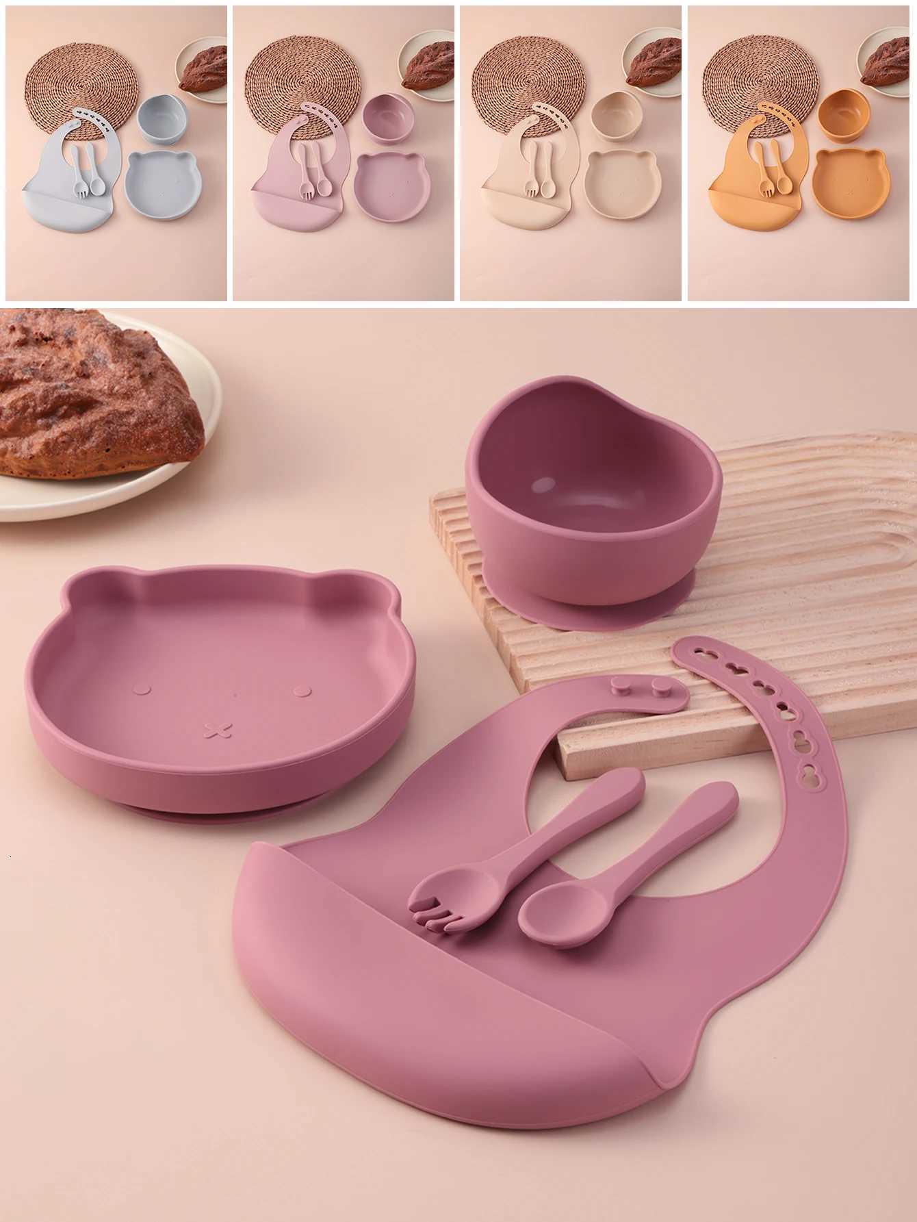5PCS Bear Silicone Baby Feeding Set Suction Plate Spoon Fork Bib BPA Free Toddler Weaning Essentials Childrens Tableware X250806