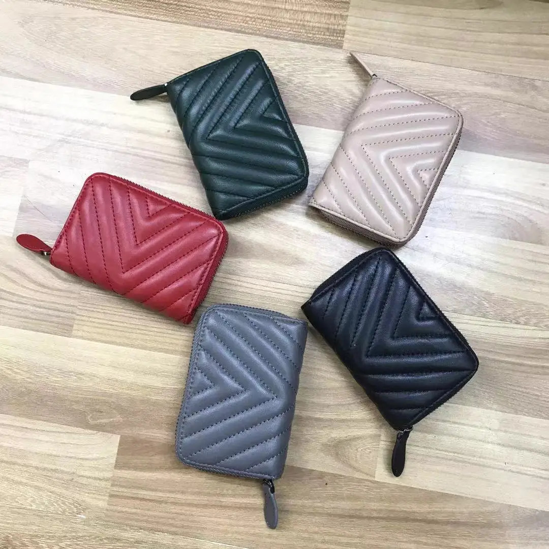 V-embossed Lambskin Leather Lady Short Zippy Wallet Women Coin Purse 5 Colors 250806
