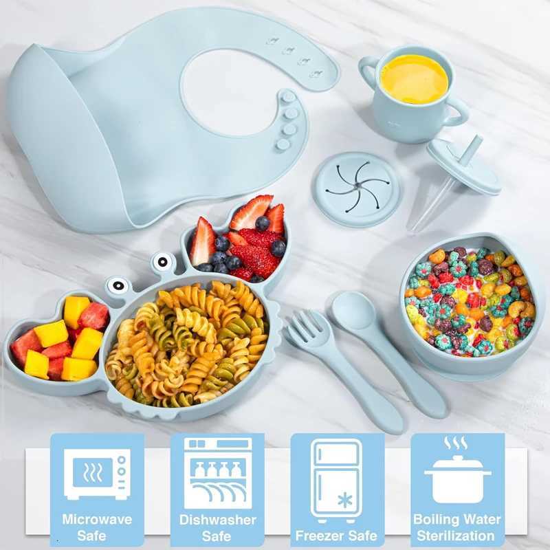 8-Piece Set Childrens Tableware 100% Food Grade Silicone Baby Bib Cups Forks Spoons Divided Plates Impact Resistant Tableware X250806
