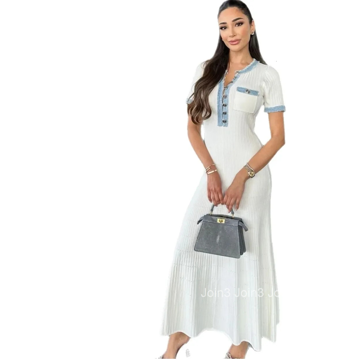 Womens Denim Patchwork Knitted Long Dress Tight French Short Sleeve Dress Fashionable Casual Style Maxi Dress from Mainland Chi