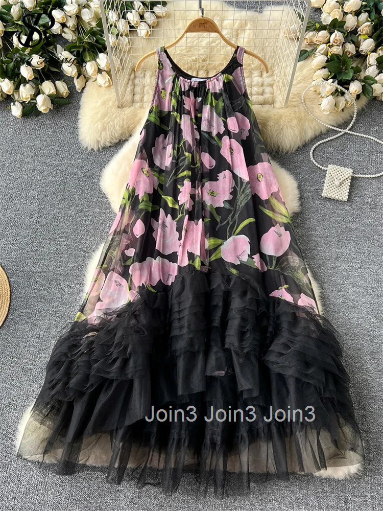 French Vintage Print Dress Women O-Neck Spaghetti Strap Mesh Splice Irregular Ruffles Beach Fashion Ball Gown Dresses