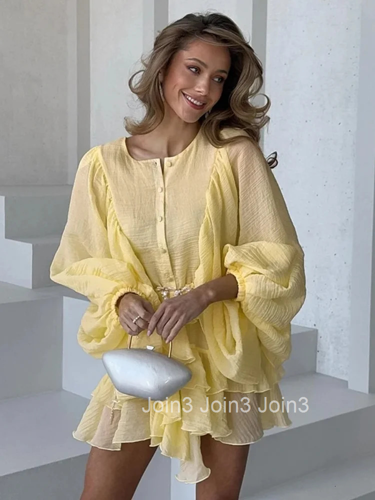 Elegant Ruffles Single Breasted Ruffles Mini Dress Women Chic Flared Sleeve High Waist O-neck Vestidos Lady Party Gowns New