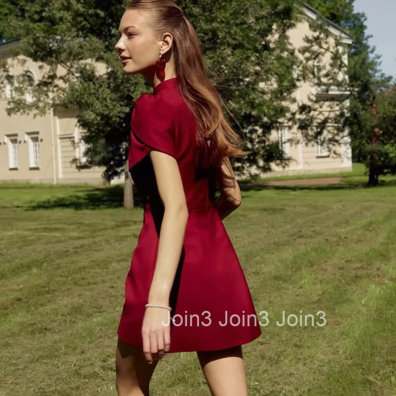 Talenza Luxury Evening Dress Summer Pink Stand Neck High Waist Bubble Sleeve A-line Dress Elegant Patchwork Fashion Women Dress