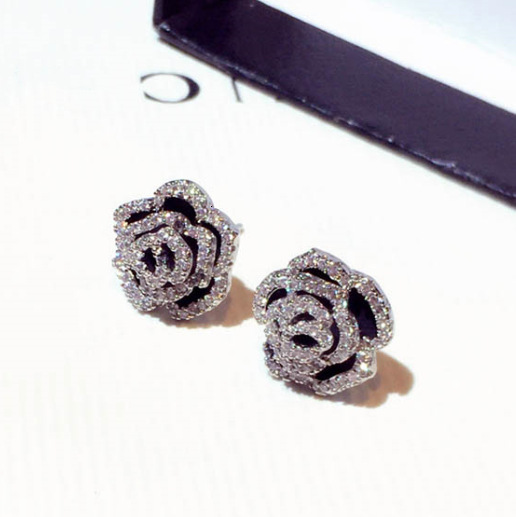 Free Shipping Designer Luxury Jewelry New Fashion Design Silver Needle Earrings Super Beautiful Zircon Rose Flower Elegant Ear Accessories