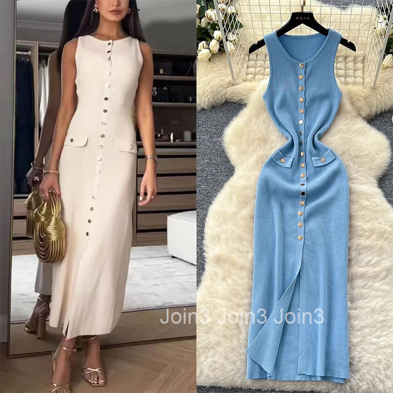 New Women Chic Fashion With Golden Buttons Knitted Midi Dress O Neck Sleeveless Female Dresses Vestidos Mujer