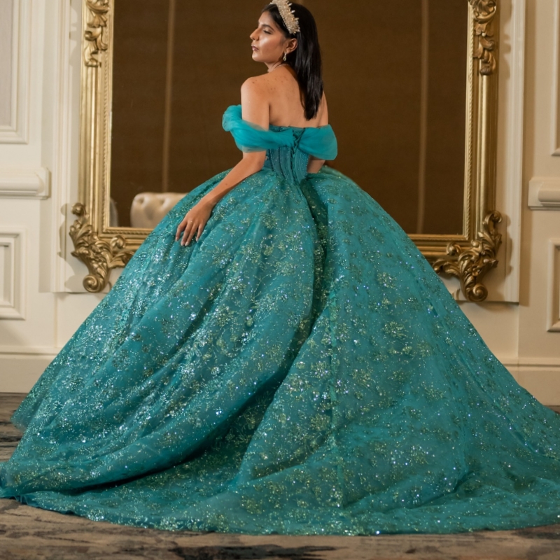Blackish Green Shiny Quinceanera Dresses Ball Gown Off The Shoulder Sequin Applique Beads Tull Party Birthday Sweet 16 Dress Vestidos 15 Anos