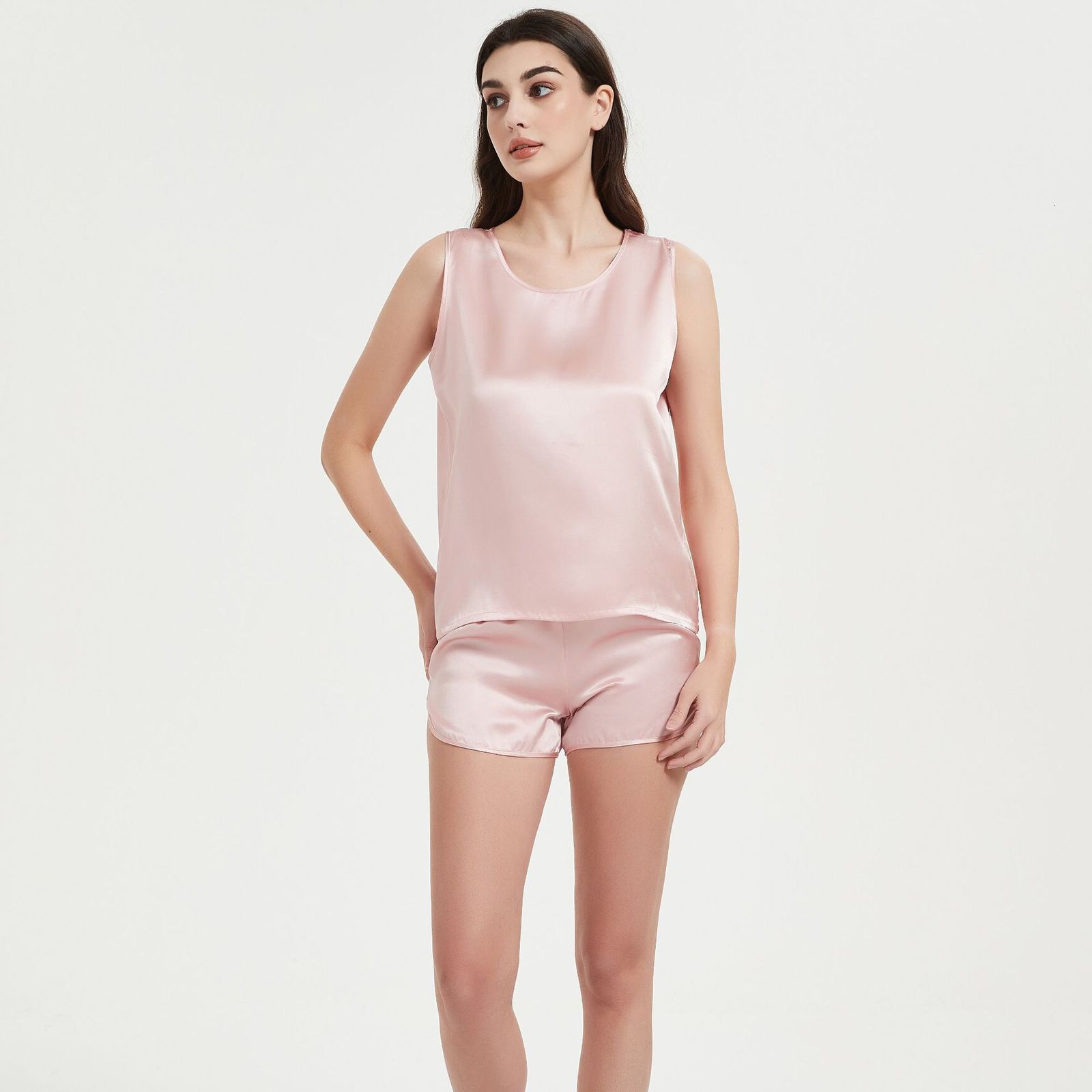 Women Mulberry Silk Vest and Shorts Set Sleeveless Homewear Summer Pajamas Satin Pajamas Set Nightwear Sleeveless Tank Top with Shorts Sleepwear 23050