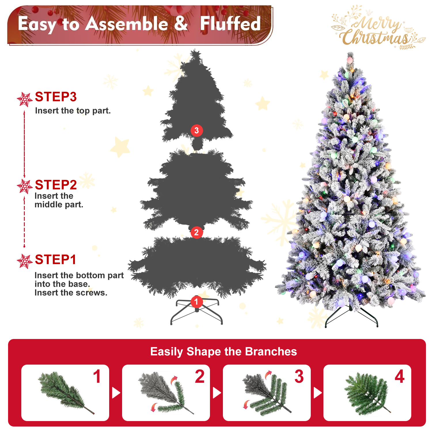 Flocked Christmas tree 7.5ft PE/PVC/Hard needle mixed tree(memory wire+power pole), 1,253+ tips, 400L bi-color led with G45bal
