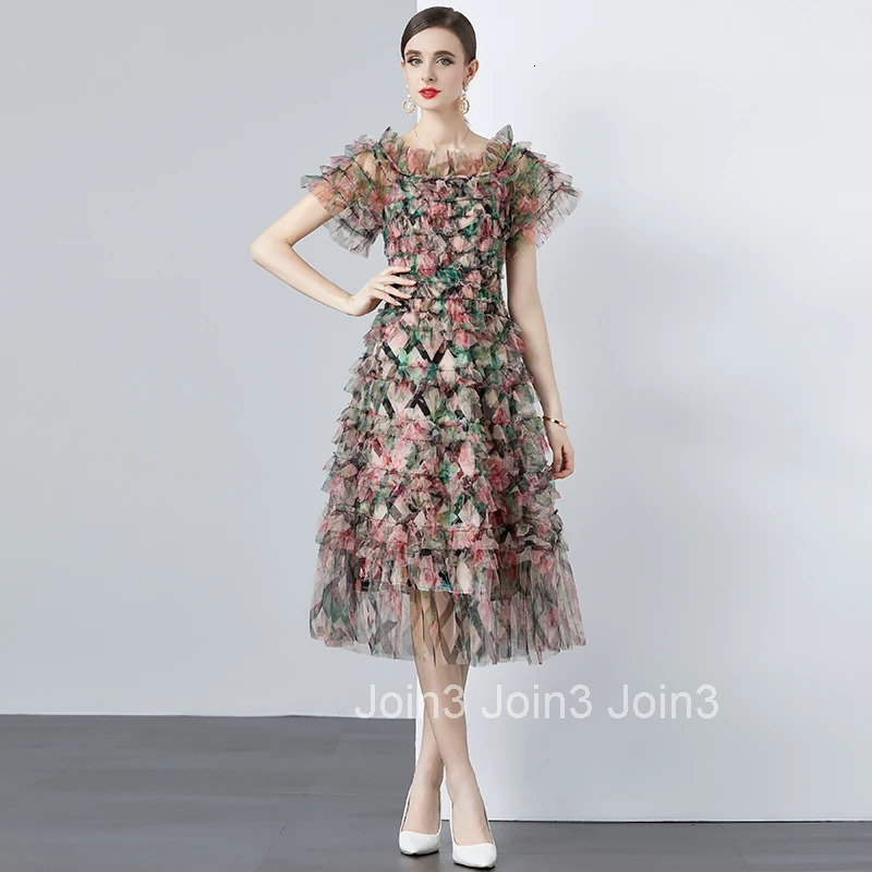 Summer Fashion Ladies Embroidered Flower Dress Women Slash Neck Elegant Vintage Mesh Patchwork Lace Knee-length Vestidos 535