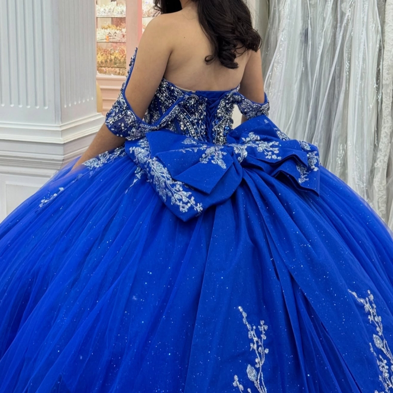 Royal Blue Shiny Quinceanera Dresses Off The Shoulder Sequin Applique Lace Beading Bow Tull Ball Gown Vestidos De 15 Anos Sweet 16 Dress