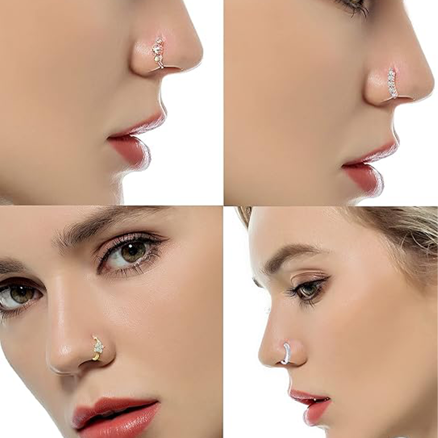 10Pcs Nose Ring Hoop Paved Flower Leaf Feather CZ Cartilage Earrings Nose Piercing Jewelry for Women Men Silver Tone 20G