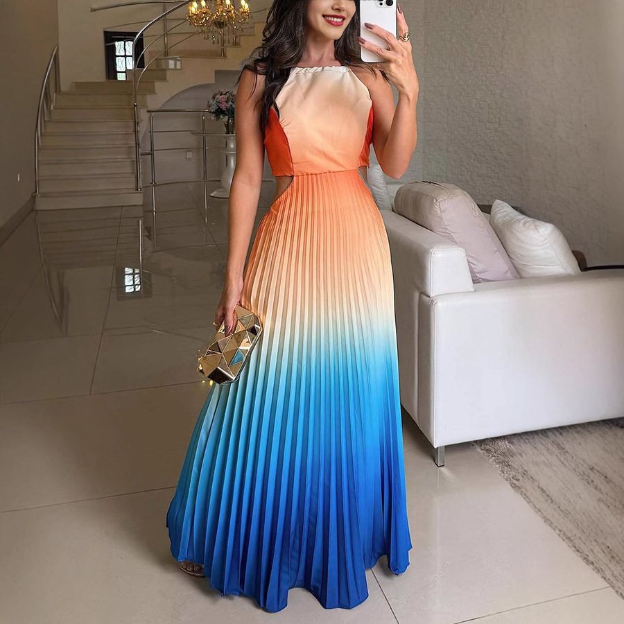New European and American sleeveless trend pleated backless gradient dress for summer 2025, new designer dress