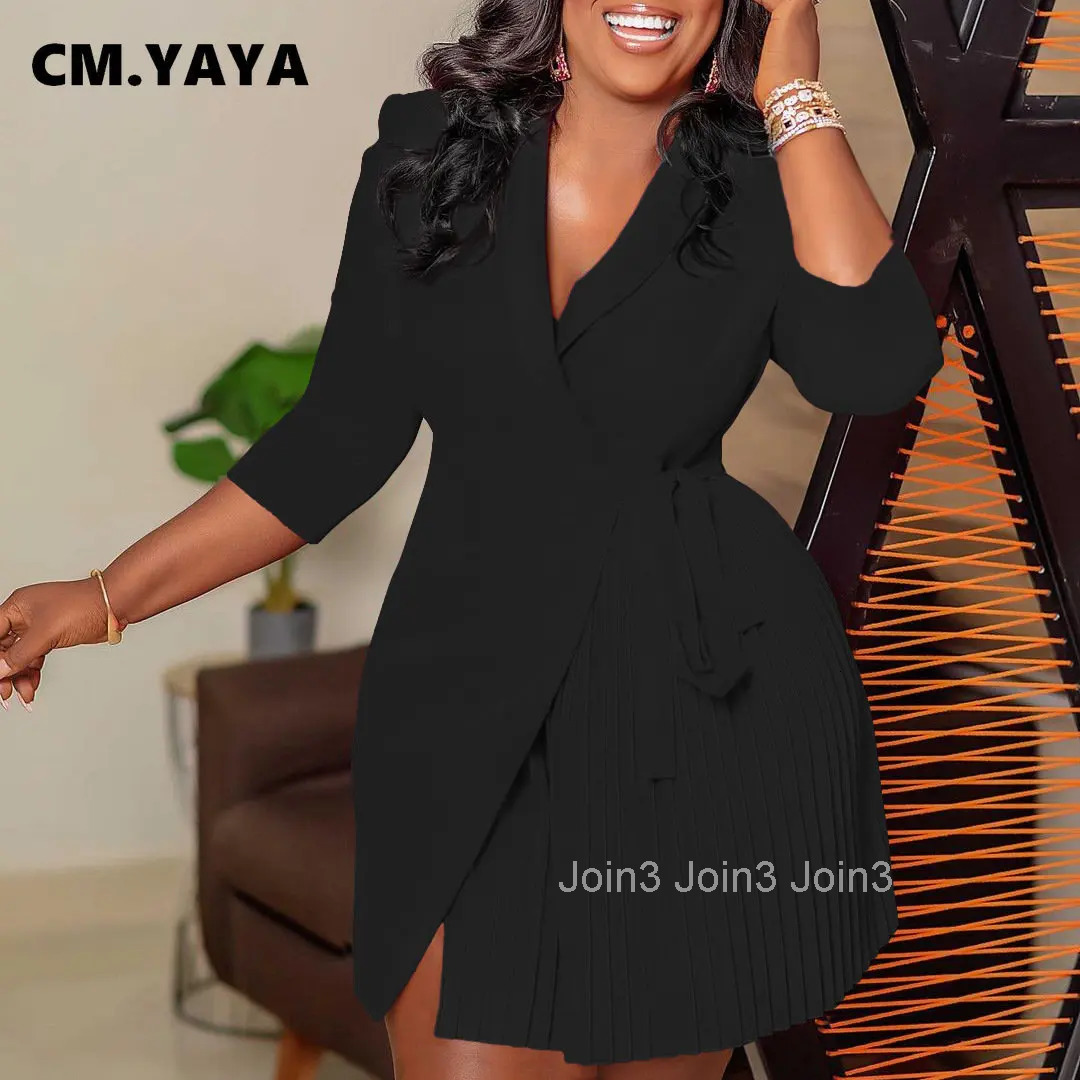 CM.YAYA Women Lace Wrap Notched Neck Pleated Blazer Style Dress Office Lady Vintage Sexy Party Three Quarter Sleeve Dresses