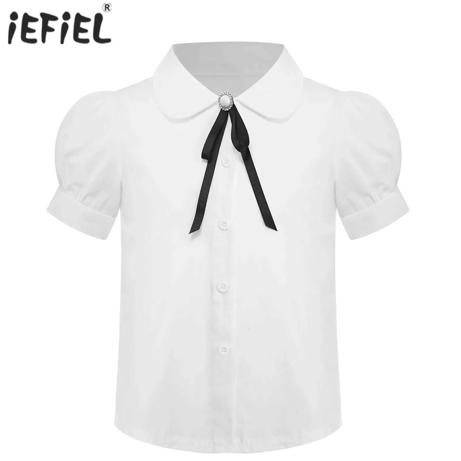 White Kids School Girls Fashion Shirt Cute Short Sleeve Shirt Casual Solid Color Turn-Down Collar Bowknot Blouse Button Tops X250806