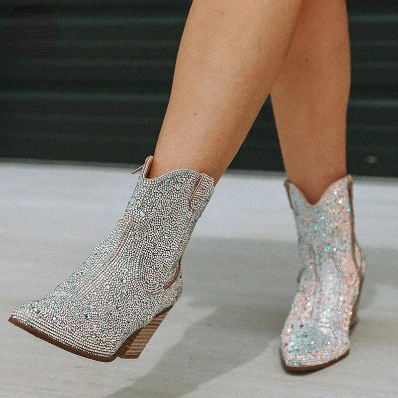 Western Cowboy Boots Fashion Women Ankle Boots Glitter Bling Shiny Trend High Heels High Quality Shoes Botas De Mujer 250731