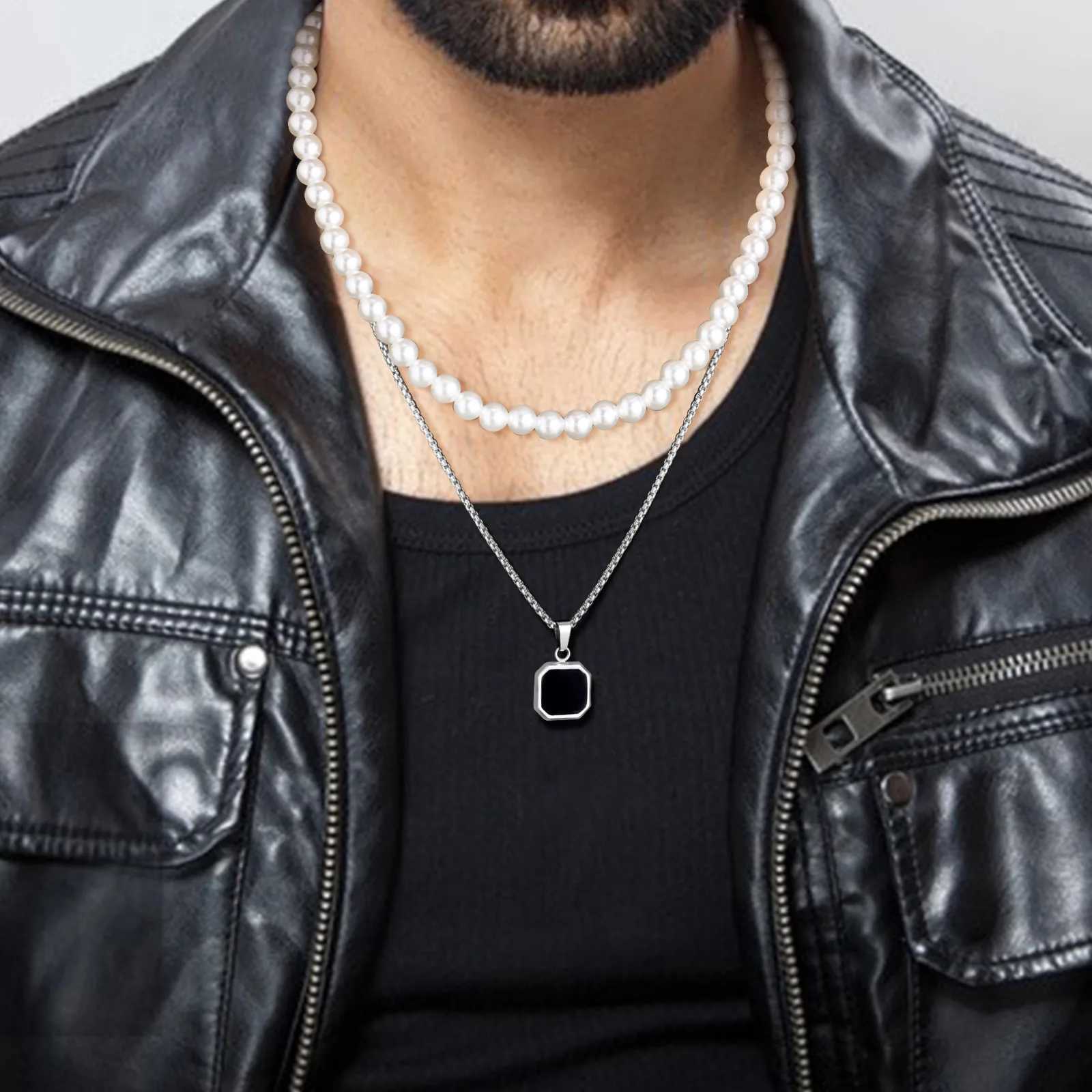 2pcs Necklace Set for Men Geometric Square Pendant with 55cm Rope Box Cuban Chain Simulated Pearl Chain Steel Necklace Y250805