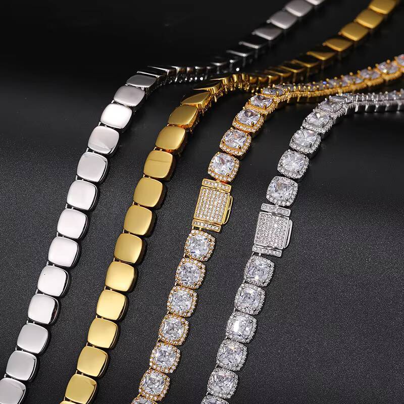 Hip Hop Jewelry Mens Pink Style 11mm Gold Plated Sterling Silver Cushion Cut VVS Moissanite Diamond Tennis Chain Necklace