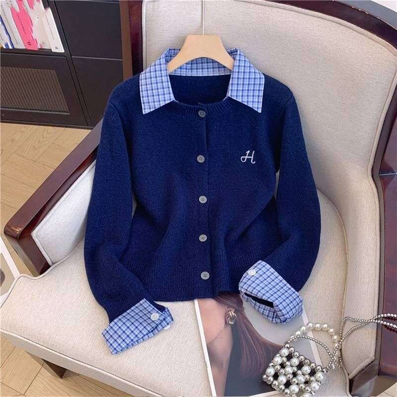Women's Clothing Thirteen Lines Two Piece Polo Collar ing Long Sleeved Knitted Sweater Female Loose Short Cardigan Trend