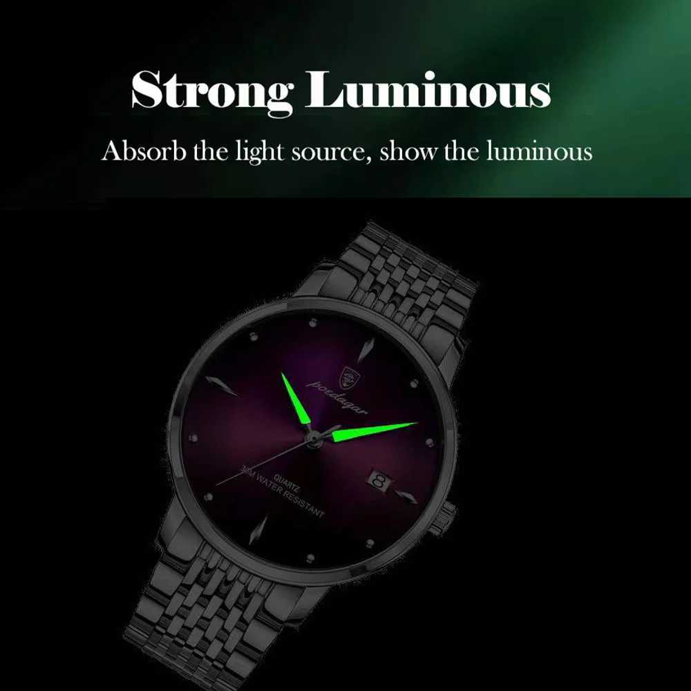 POEDAGAR Top Brand Luxury Men Waterproof Luminous Stainless Steel Ice Sport Quartz Clock Mens Date Business Wrist W250806