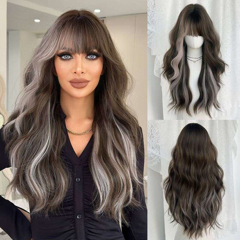 New Fashion Wig, Long Curly Hair, Brown Highlighting, Pink Gray Hair Set, Female Wig