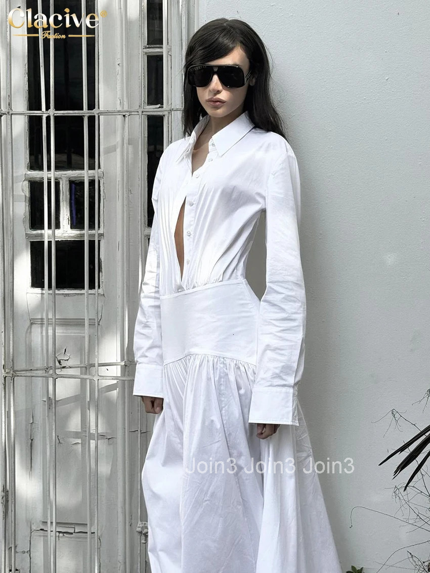 Clacive Fashion Loose White Cotton Womens Dress Casual Lapel Long Sleeve Ankle Length Dresses Elegant Classic Female Dress