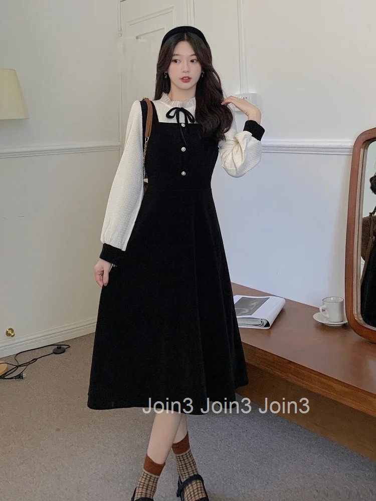 Woherb Fashion Women Dress Patchwork Knitted Tunic Robe Vestidos Elegant Black A-line Dresses Pull Sleeve De Mujer