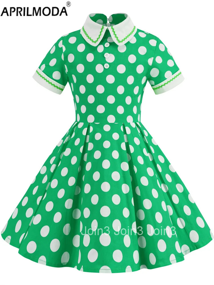 Hepburn Style 50s Vintage Childs Casual Dress Dot Print Cosplay Costume Party Little Girls Midi Dress 60s Elegant Pleated Dress
